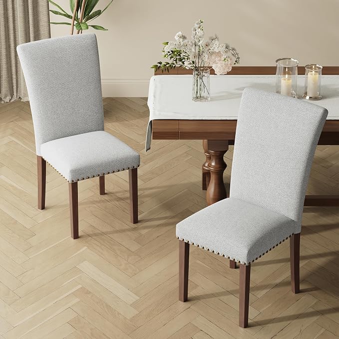 MALOL Dining Chairs Set of 2, High Back Dining Chair with Wood Legs and Nailhead Trim, Modern Padded Kitchen Room Chairs for Dining Room/Restaurant, Light Grey