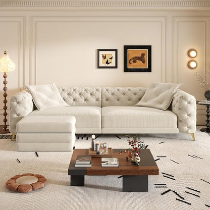97.7" Convertible Queen Sleeper Sofa with Ottoman - Button Tufted Pull Out Sofa Bed, Velvet King Size Couch Bed & Vintage Deep Seat 4-Seater Couch for Small Spaces, Apartment & Living Room, Beige | Button Tufted