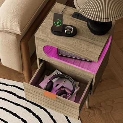 Veegle Nightstand,Modern Bedside Table with Storage Drawer and Open Wood Shelf, Accent Night Stand with Solid Wood Legs for Living Room, Bedroom and Small Spaces,Easy Assembly (Grey Oak-1)
