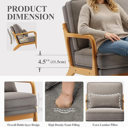 MALOL Accent Chair Set of 2 with Solid Wood Frame, Mid-Century Relaxing Armchair Lumbar Pillow& Soft Cushion, Reading Leisure Chair for Living Room, Bedroom, Waiting Room-Grey