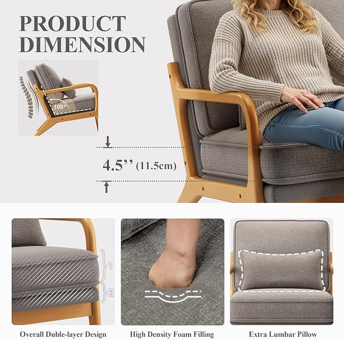 MALOL Mid-Century Accent Chair Set of 2 with Solid Wood Frame, Reading Relaxing Armchair Lumbar Pillow& Soft Cushion, Leisure Chair for Living Room, Bedroom, Waiting Room-Grey