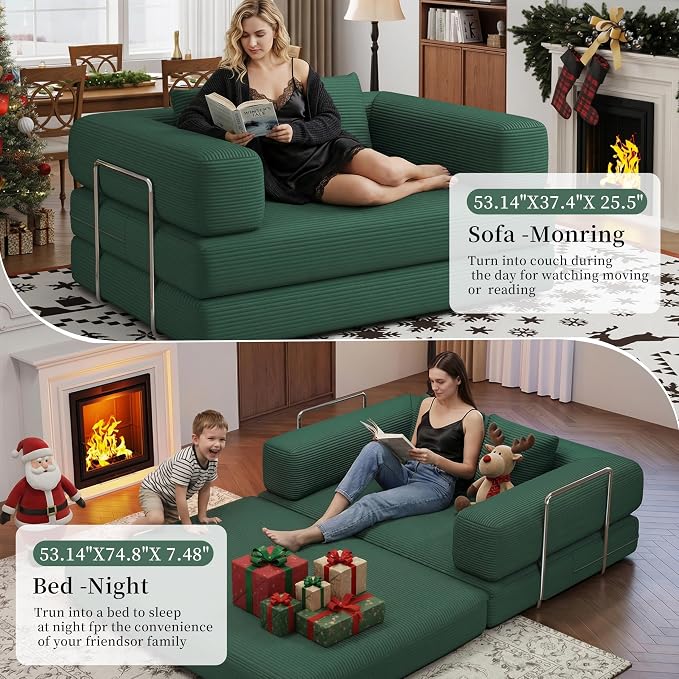 4 in 1 Convertible Sofas Boneless Couches with 2 Pillow, Modern Corduroy Futon Bed, Modular Queen Sofa with Pull-Out Bed, LoveSeat for Living Room, Small Space Apartment (Green, 53.15"Double Sofa)