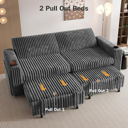 Sunny Heart 91" Plush Corduroy L Shaped Sectional Sleeper Sofa Bed with Pull Out Bed, Reclining Backrest, Reversible Storage Chaise, USB Ports, Cup Holders, Tool Free Assembly, Darke Grey
