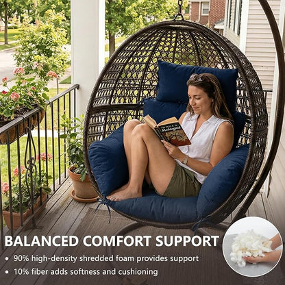Egg Chair Cushion with 8 Securing Straps, Water-Repellent & Fade-Resistant Faux Linen, Removable Cover, Replacement Cushion for Most Single Outdoor Hanging Swing Egg Chairs – Navy