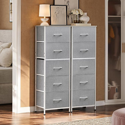 WLIVE Fabric Dresser, 5-Drawer Tall Dressers for Bedroom, Storage Dresser Organizer with Fabric Bins, Wood Top, Sturdy Steel Frame, Chest of Drawers for Closet, Hallway, Light Grey