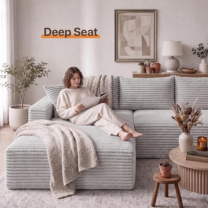 Claiks 94" Boneless Couch, Cloud Couch Sectional, U-Shape Corduroy Modular Sectional Sofa Deep Seat, Upholstered Couches for Living Room, No Assembly Required, Light Grey