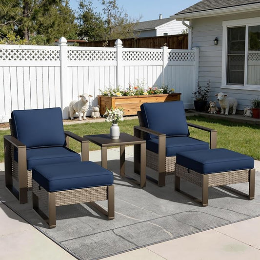 Joyside Outdoor Patio Chairs, 4 Pieces Wicker Rattan Furniture Set, 2 Patio Chairs, 2 Ottoman and 1 Table, Metal Wide Armrest, Thick Cushions and Deep Seating for Garden, Backyard, Porch, Deck