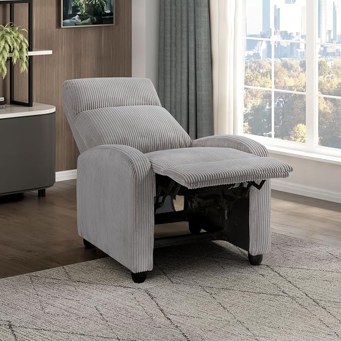 Lexicon Corduroy Pushback Recliner Chair Armchair Push Back Recliner, Solid Wood Frame and Metal Base, Easy Assembly Small Soft Single Sofa Accent Chair for Living Room/Office/Apartment, Light Grey