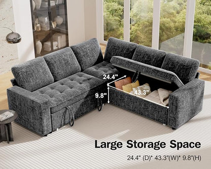 Vipbear 5 Seat L Shaped Modular Sectional Sleeper Sofa Bed with Pull Out Bed/Reclining Backrest/USB Ports/Storage Seat, Sectional Sleeper Couch, Tool-Free Assembly, Chenille Dark Grey