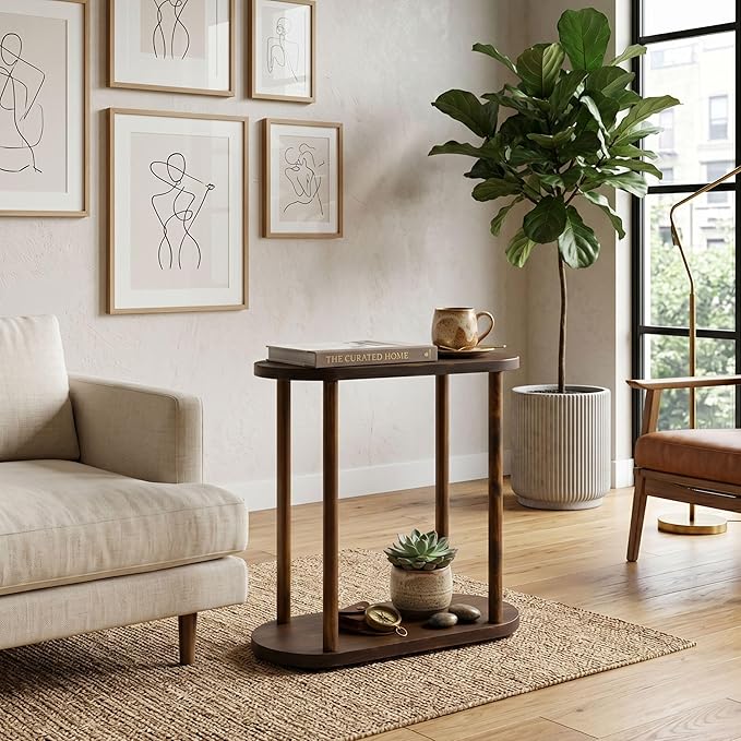 Oval Solid Wood Narrow Side Table, Slim Small Pedestal Coffee Table for Living Room, Modern Minimalist Design for Small Spaces, Recliner Drink Table (Dark Walnut, Large)