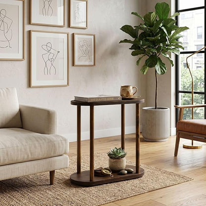 Oval Solid Wood Narrow Side Table, Slim Small Pedestal Coffee Table for Living Room, Modern Minimalist Design for Small Spaces, Recliner Drink Table (Dark Walnut, Large)
