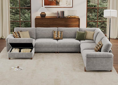 SITJOY Large Cloud Couch, 138" Wide 6 Seater U Shape, Light Gray Chenille | Detachable and Washable Chenille Cover Sectional Sofas for Living Room, Deep Seat Wide Couch with Chaise, Storage Ottoman