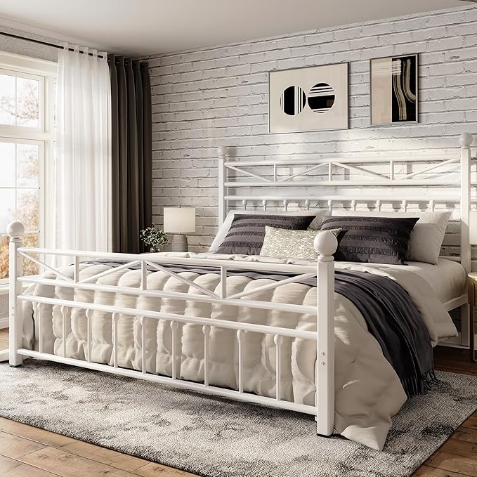 EnHomee 14.2" Metal Full Size Bed Frame with Tall Headboard & Footboard, LED Light Full Bed Frame, Strong Slats Support and Noise-Free Design with Under Bed Storage/No Box Spring Needed/White