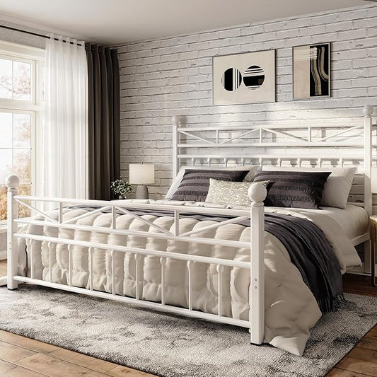 EnHomee 14.2" Queen Size Metal Platform Bed Frame, 54" Tall Headboard and LED Lights, Victorian Vintage Footboard, Under Bed Storage, Heavy Duty Metal Slats & Noise Free, White
