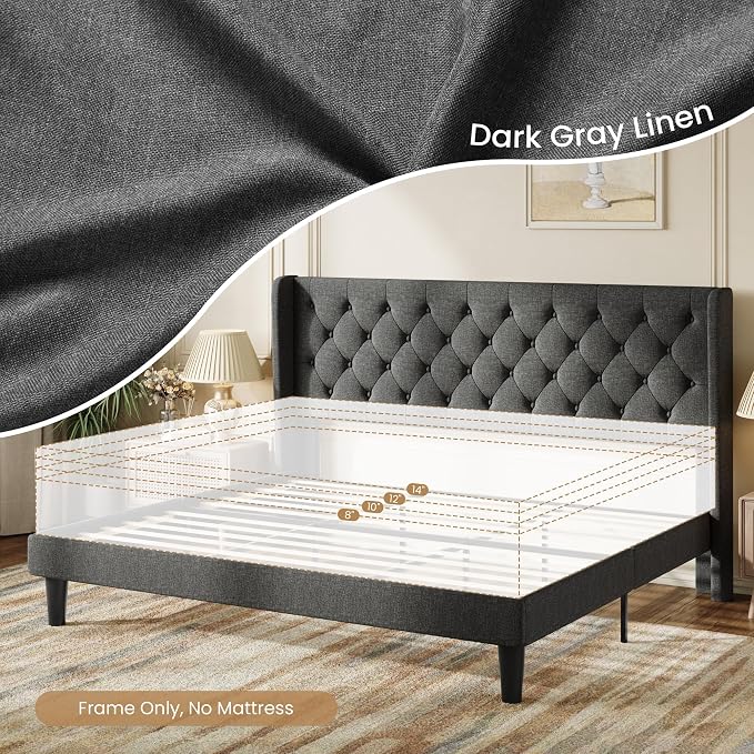 SHA CERLIN King Size Upholstered Platform Bed Frame and Wingback Headboard, Tufted Linen Fabric, Wooden Slats Support, Easy Assembly, No Box Spring Needed, Dark Grey
