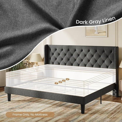 SHA CERLIN King Size Upholstered Platform Bed Frame and Wingback Headboard, Tufted Linen Fabric, Wooden Slats Support, Easy Assembly, No Box Spring Needed, Dark Grey