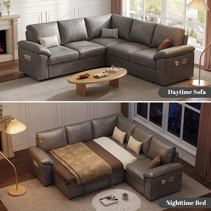85 Inch Faux Leather Modular Sectional Sofa with Pull Out Bed, L Shaped 5 Seat Sectional Sleeper Sofa with Storage, Sectional Couches for Living Room, Cloud Modular Couch,Gray Leather