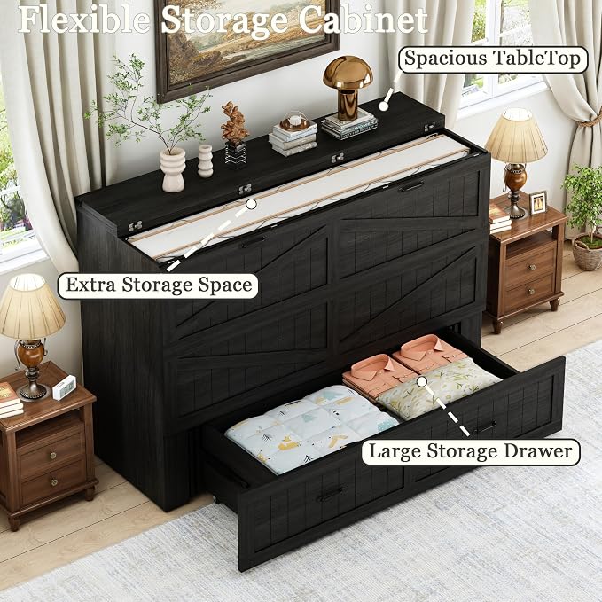 Full Murphy Bed with Charging Station, Farmhouse Noisy-Free Foldable Cabinet Bed Frame with Storage Drawer, Space Saving Hideaway Wall Bed for Guest Bedroom, Living Room, Office, Black