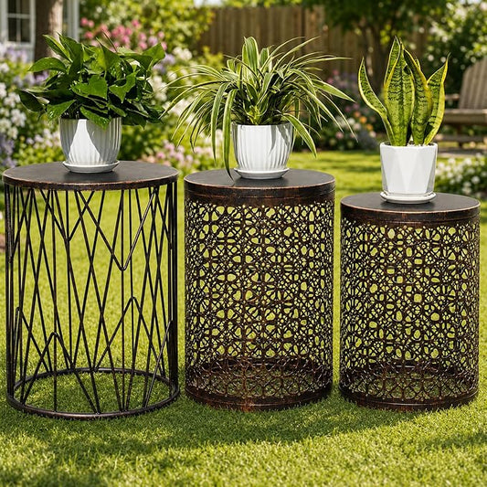 HFHOME Set of 3 Heavy-Duty Round End Table, Side Table, Coffee Table for Indoor Multifunctional Use, Outdoor Decorative Garden Stool Plant Stand-Bronze