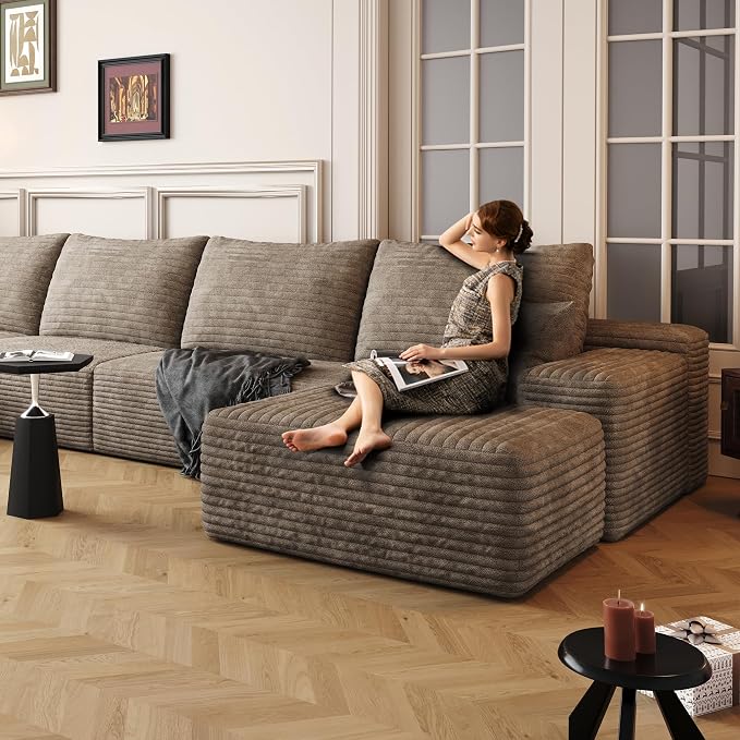 135" Corduroy Couch Sectional with Chaise, L Shape Boneless Cloud Couches for Living Room Bedroom, Fluffy Deep Seat Compression Sofa, Modular Corner Couch No Assembly, Right Facing Chaise, Camel