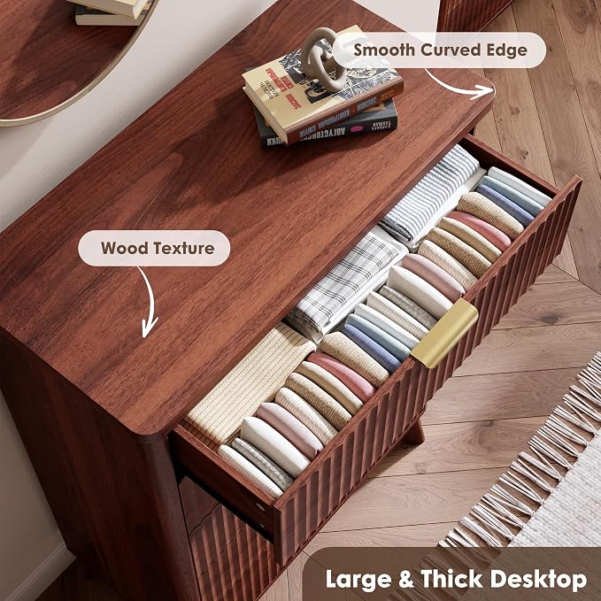 GarveeHome Fluted Dresser for Bedroom with 5 Deep Drawers, 47.2 in Tall Chest of Drawers, Curved Profile Design, Modern Wooden Dresser, for Living Room, Kids Room, Hallway, Walnut