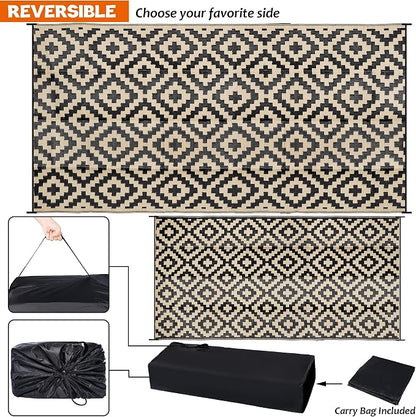 SAND MINE Waterproof Outdoor Rug 9x18 ft, Plastic Reversible Rug, Modern Area Rug, Large Floor Mat for Outdoors, RV, Patio, Backyard, Deck, Picnic, Beach, Camping, Black & Beige