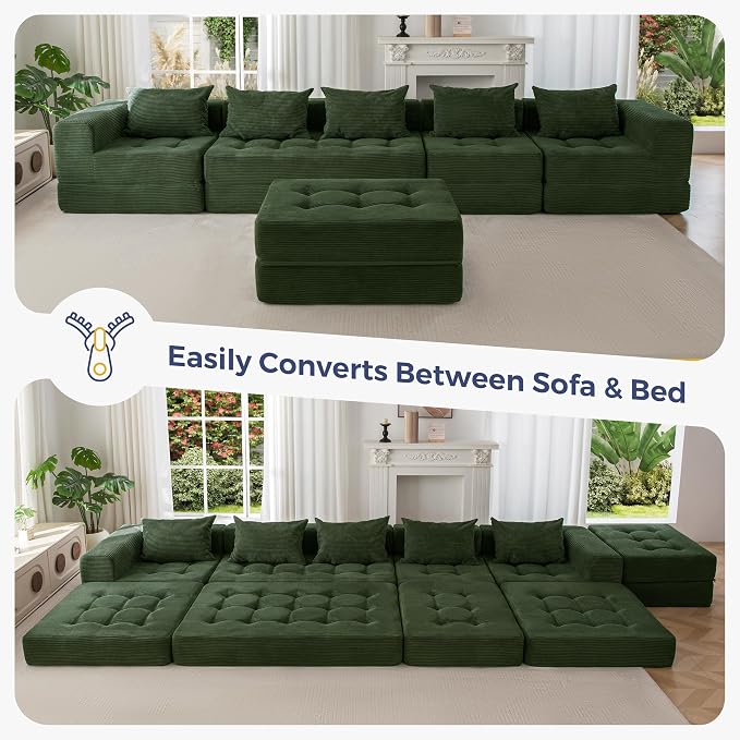 MAXYOYO Modular Sectional Sofa Couch, Foldable U Shaped Cloud Couch with Pillows, Tufted 6-Seat Boneless Sofa Lounger for Living Room, No Assembly Required, Dark Green