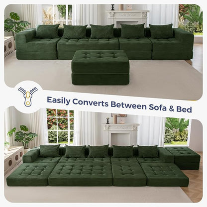MAXYOYO Modular Sectional Sofa Couch, Foldable U Shaped Cloud Couch with Pillows, Tufted 6-Seat Boneless Sofa Lounger for Living Room, No Assembly Required, Dark Green