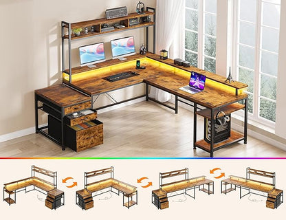 EnHomee 104" L Shaped Desk, 4 Layout Convertible RGB Lights & Monitor Stand | 4-layout l shaped home workstation, 64–104“expandable, charging ports, dual mounts & storage for remote workers, designers