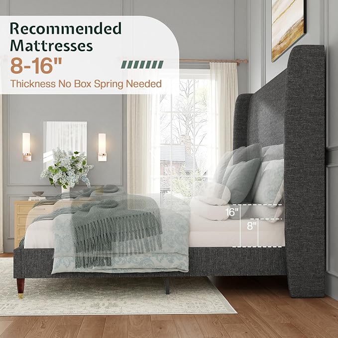 Jocisland King Size Bed Frame 51.2" Wingback Headboard Linen Upholstered Platform Bed,Solid Wood Legs & Wooden Slats,No Box Spring Needed,Noise-Free,for Family Master Suite Cozy Home,Dark Grey