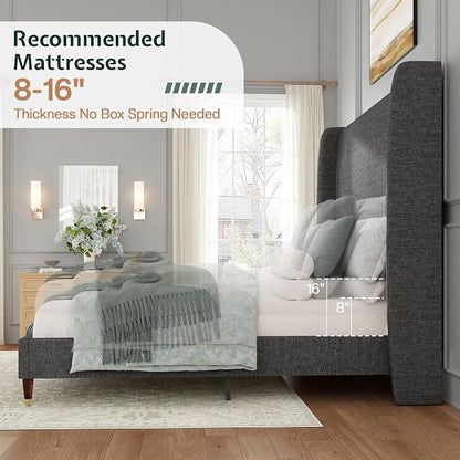 Jocisland King Size Bed Frame 51.2" Wingback Headboard Linen Upholstered Platform Bed,Solid Wood Legs & Wooden Slats,No Box Spring Needed,Noise-Free,for Family Master Suite Cozy Home,Dark Grey