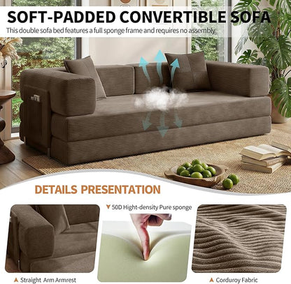 78.8" Convertible Sofa Bed with Armrest Pillow, 4-in-1 Sleeper Couch Bed for Livingroom, Modular Corduroy Boneless couches, No Assembly (Brown)