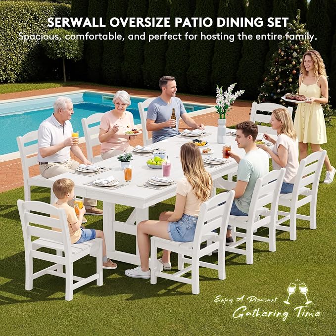 SERWALL 9 Piece 84" HDPE Outdoor Dining Set for 8 with Armless Chairs and Umbrelle Hole, White