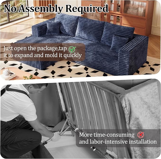 92.5" L-Shaped Sectional Boneless Couches with Chaise, Comfy Modular Corduroy Fluffy Couch with Deep Seat, 3 Seater Cloud Sofa for Apartment Flexible Module Combination for Living Room, No Assembly