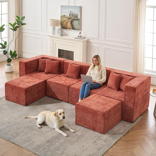 MONVANE Modular Sectional Cloud Couch for Living Room - 130'' 6 Seater Convertible Chenille Couches Set with Ottoman, No Assembly Compression Sofas, Comfy Floor Sofa with Memory Foam, Rust Red