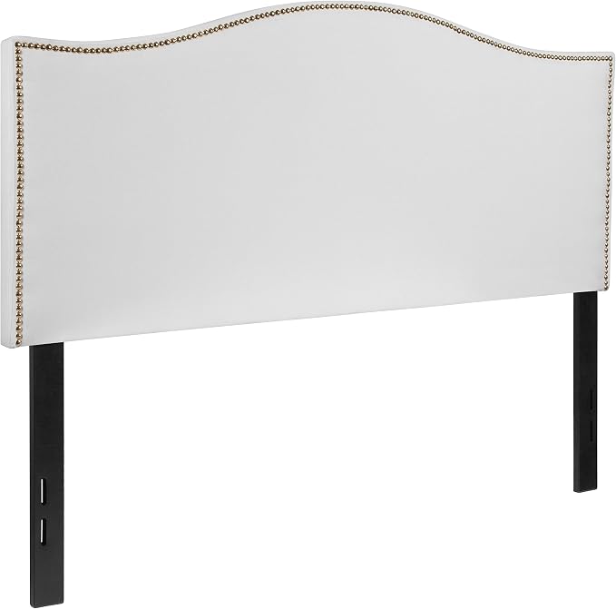 EMMA + OLIVER Upholstered Full Size Headboard with Nailtrim in White Fabric