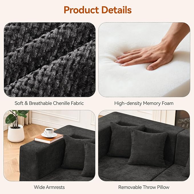 MONVANE 130'' Modular Sectional Cloud Couch for Living Room, 6 Seater Convertible Chenille Couches Set with Ottoman & Pillow, No Assembly Compression Sofas, Comfy Floor Sofa with Memory Foam, Black