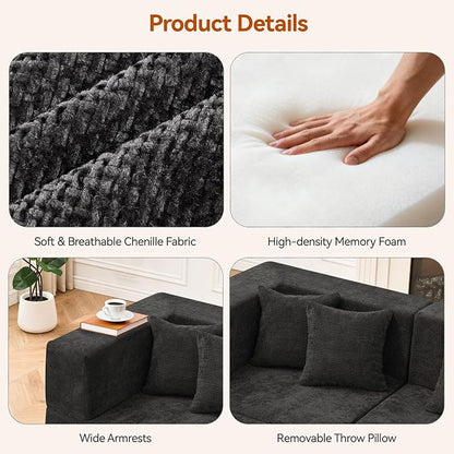 MONVANE 130'' Modular Sectional Cloud Couch for Living Room, 6 Seater Convertible Chenille Couches Set with Ottoman & Pillow, No Assembly Compression Sofas, Comfy Floor Sofa with Memory Foam, Black