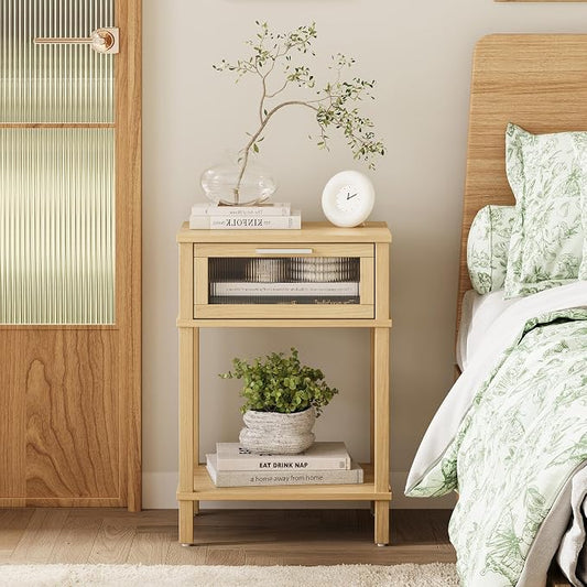 Nightstand Wooden Bedside Table with Drawer Natural Wood Night Stands Modern Style Small End Table Side Table with Storage Shelf for Bedroom Living Room MLBZ10YEV