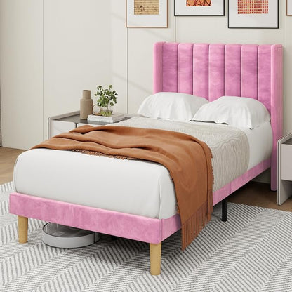 alazyhome Platform Bed Frame Twin Size with Upholstered Headboard, Solid Wood Slats Support, No Box Spring Needed, Noise Free, Easy Assembly, Modern Velvet Bed, Pink