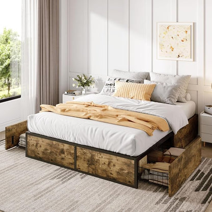 SHA CERLIN Full Platform Bed Frame with 2 Large Storage Drawers, Rustic Wood and Metal, Noise-Free, Easy Assembly, No Box Spring Needed, Brown