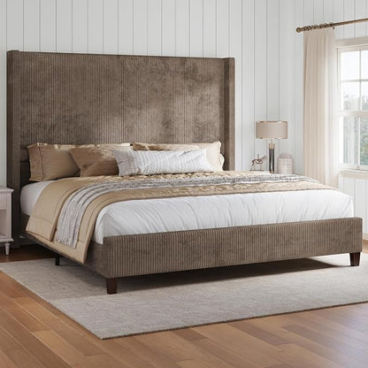 HOWE Queen Bed Frame with 61.4" Extra Tall Headboard, Corduroy Upholstered Bed with Vertical Wingback Headboard, No Box Spring Needed/Noise Free/Solid Wood Slats/Brown