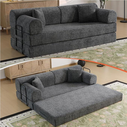 78.8" Memory Foam Boneless Couch, Corduroy Floor Sofa Bed, Convertible Sleeper Futon Loveseat, Wide Armrest & Back Support, Supports Up to 1200lbs, Couch in a Box with 2 Pillows, Charcoal Gray