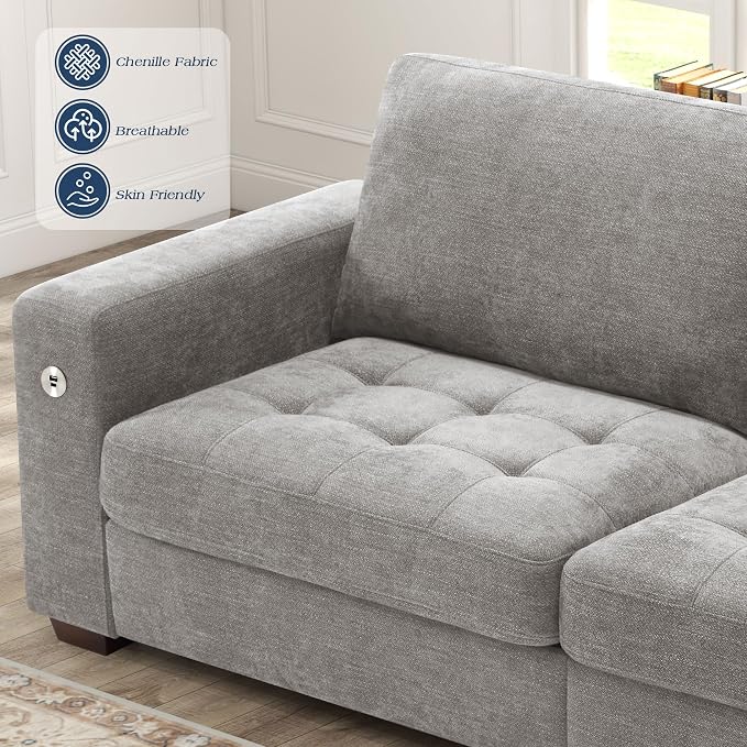WorthFurni Sofas for Living Room, Chenille Loveseat Couch Set, Small Sofa, 3 Seater Sofa, USB Charging, Removable Sofa Cover,Solid Wood Frame, Easy to Install(89inch,Grey)