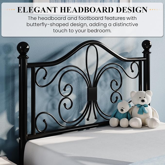 SHA CERLIN Twin Size Bed Frame for Kids,Metal Bed Frame with Butterfly Pattern Design Headboard and Footboard,No Box Spring Needed,Easy Assembly,Black