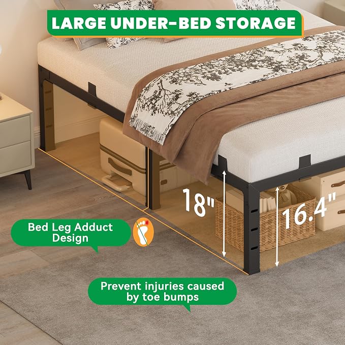 18 Inch Twin XL Bed Frames, Heavy Duty Metal Platform 3500 lbs Capacity, No Box Spring Needed, 6 Mattress Slide Stopper, Headboard Holes, Noise-Free, Easy Assembly, Black