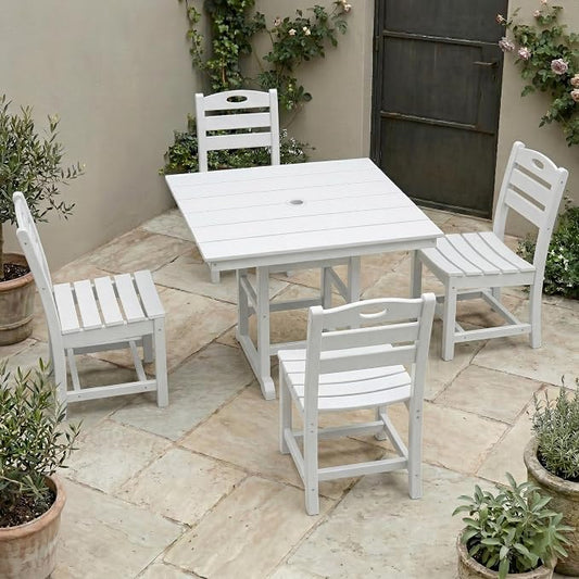 Elountik Outdoor Dining Set for 4, 5-Piece White HDPE Patio Furniture with Square Table and Chairs, Umbrella Hole