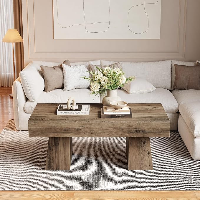 LITTLE TREE Farmhouse Coffee Table, 47 Inches Wooden Rectangular Accent Center Tables with Thick Base, Modern Low Cocktail Tea Furniture for Living Room (Rustic Brown)