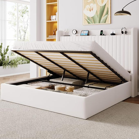 Allewie King Size Lift Up Storage Bed Frame,Storage Shelf Headboard with Charging Station,Type-C and USB Ports,Hydraulic Support,Velvet Upholstered Bed Frame,No Box Spring Needed,White