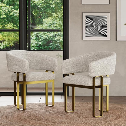 Dining Chairs Set of 6, Off White Boucle Upholstered Kitchen & Dining Room Chairs with Armrest, U-Shaped Brushed Gold Metal Legs